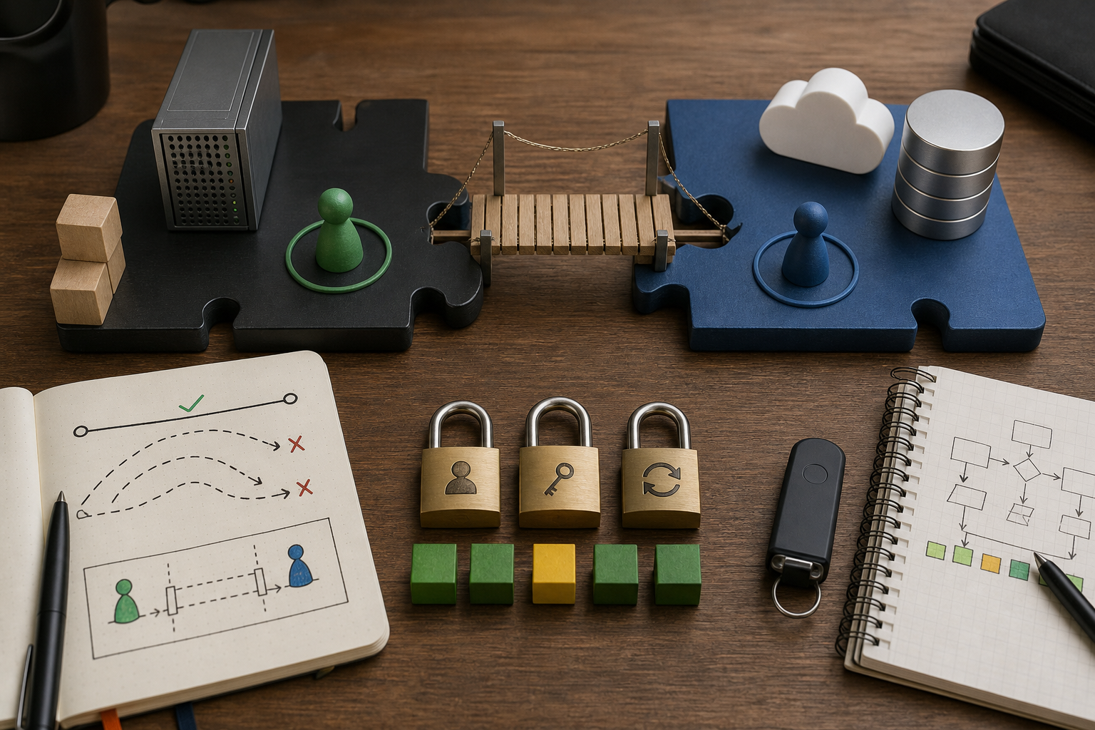 Editorial visual for API integration fails most often where two systems have to trust each other